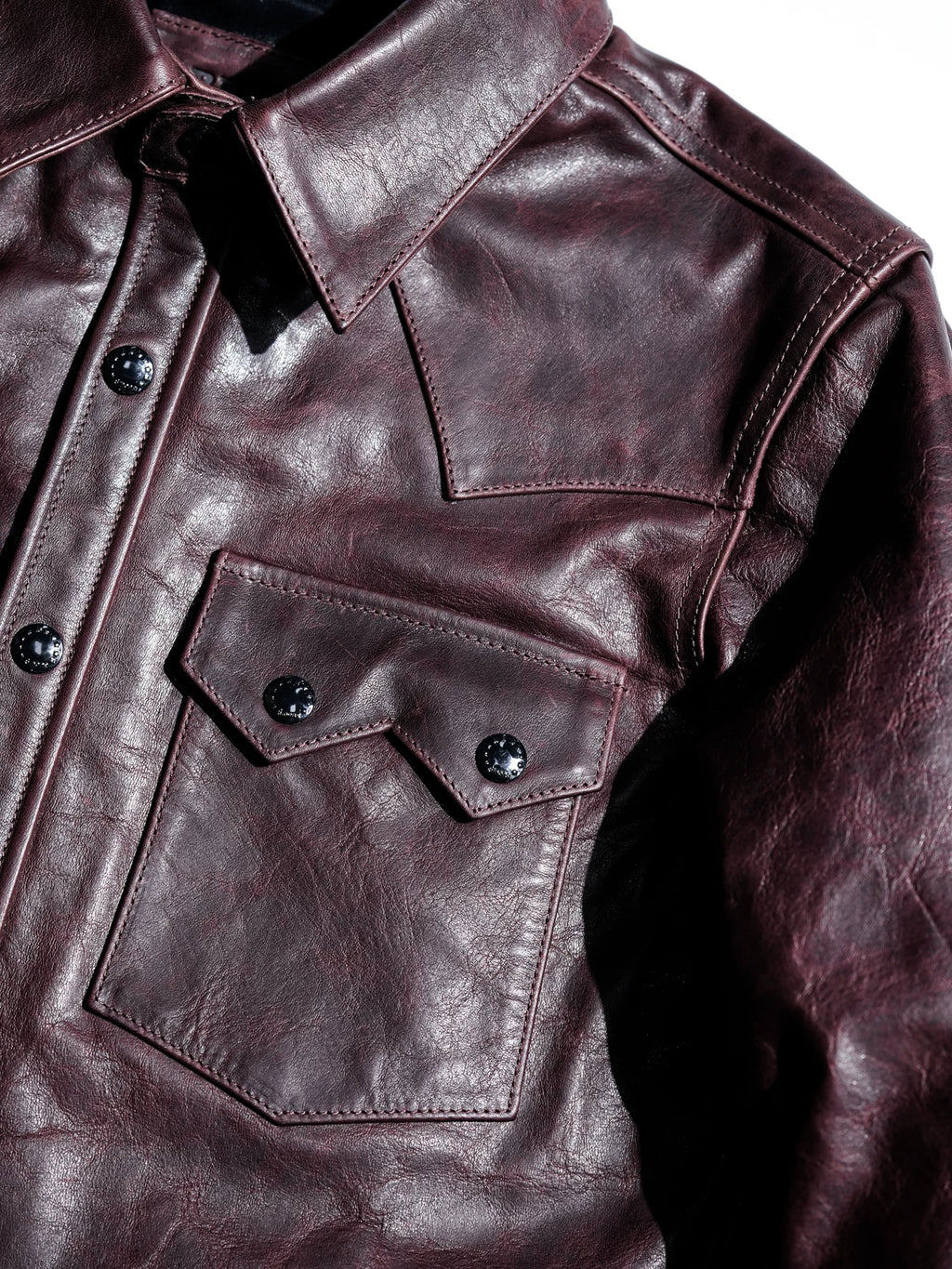 LARAMIE Leather Western Shirt Jacket, Double Yoke, Wine Red Oil-Wax Horsehide