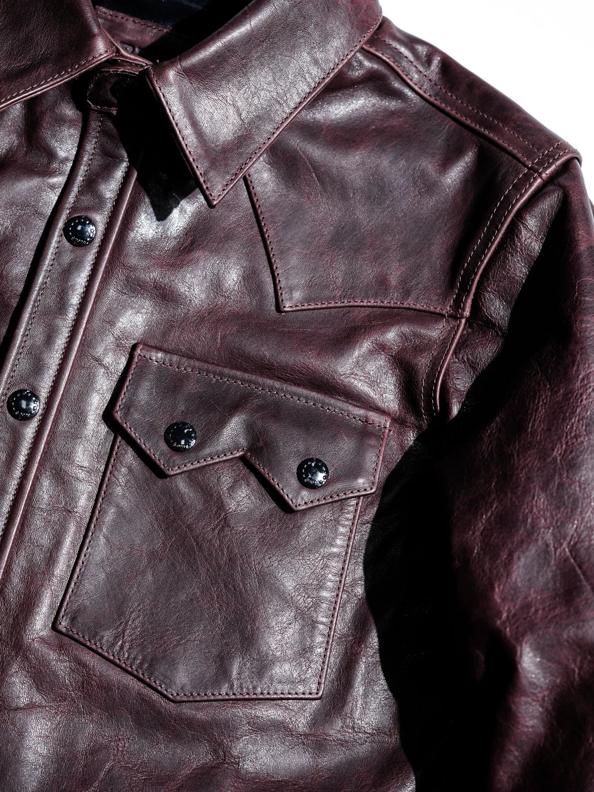 LARAMIE Leather Western Shirt Jacket, Double Yoke, Wine Red Oil-Wax Horsehide