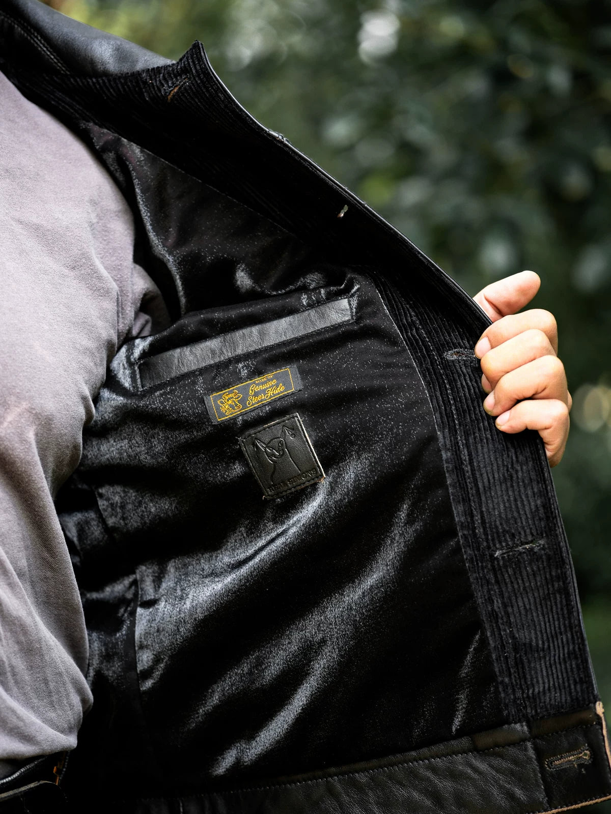 DURANGO Leather Trucker Jacket, Type1, Shield Pocket, Tea-Core Cowhide