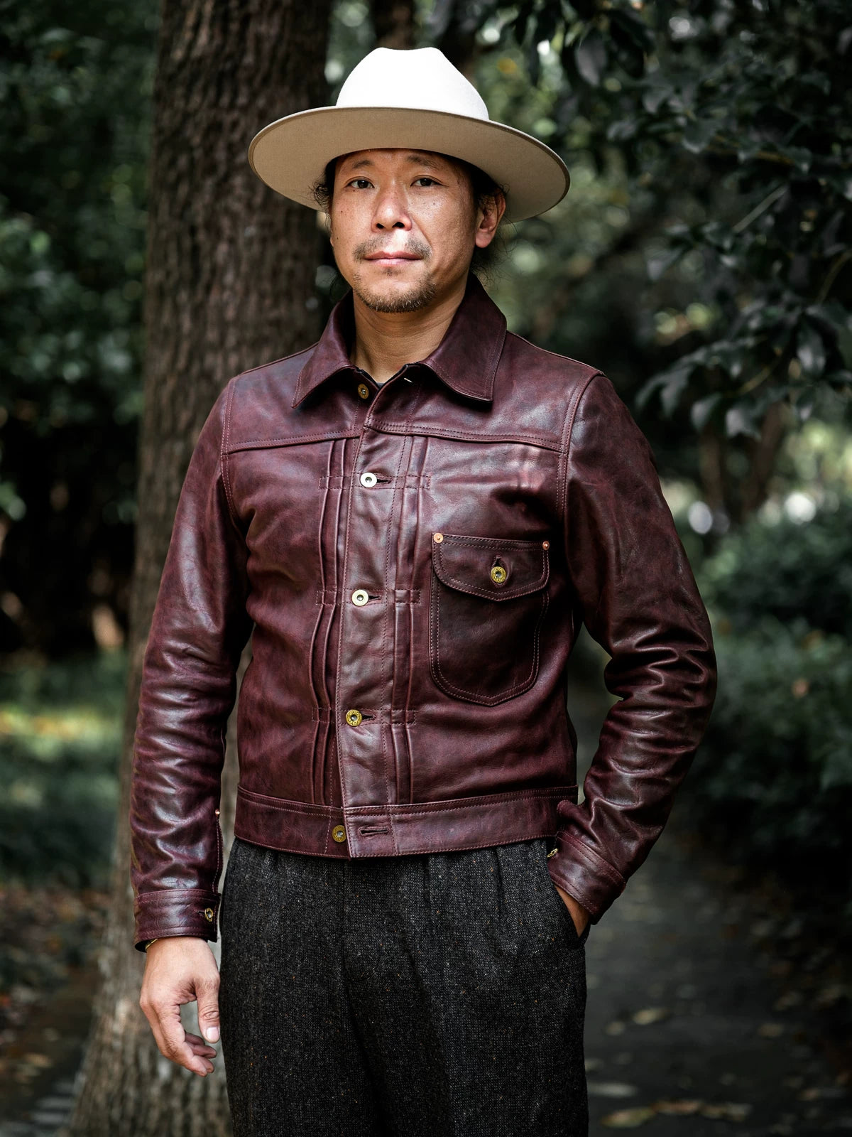 DURANGO Leather Trucker Jacket, Type1, Shield Pocket, Wine Red Oil-Wax Horsehide