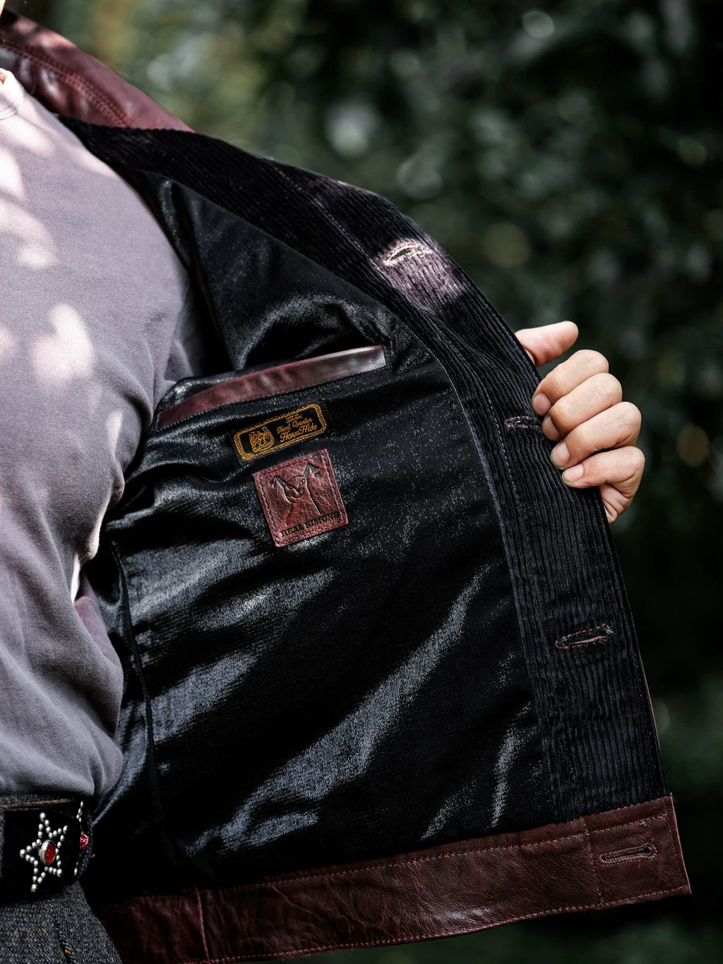 DURANGO Leather Trucker Jacket, Type1, Shield Pocket, Wine Red Oil-Wax Horsehide