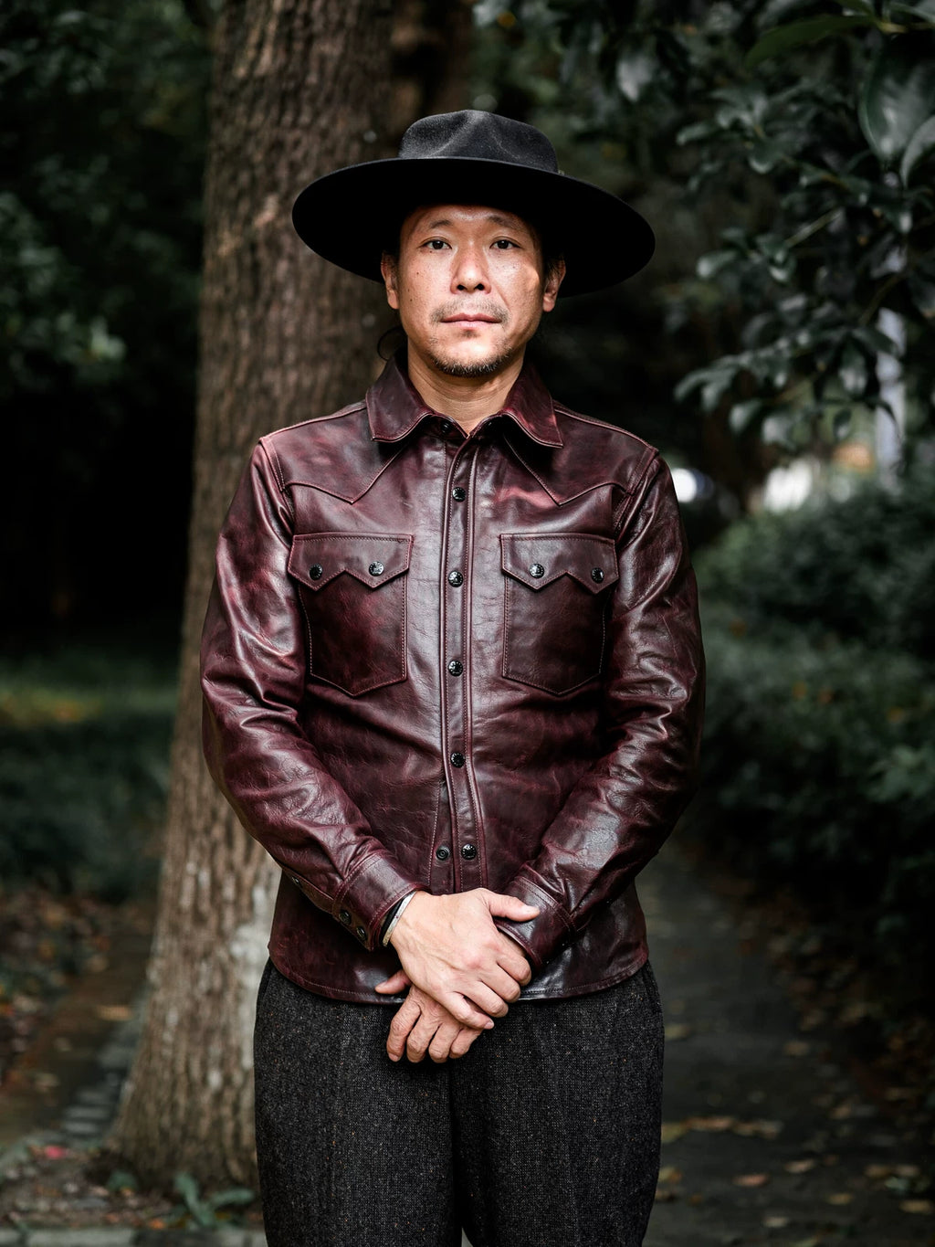 LARAMIE Leather Western Shirt Jacket, Double Yoke, Wine Red Oil-Wax Horsehide