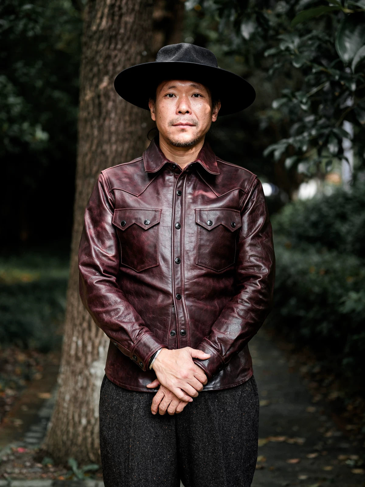 LARAMIE Leather Western Shirt Jacket, Double Yoke, Wine Red Oil-Wax Horsehide