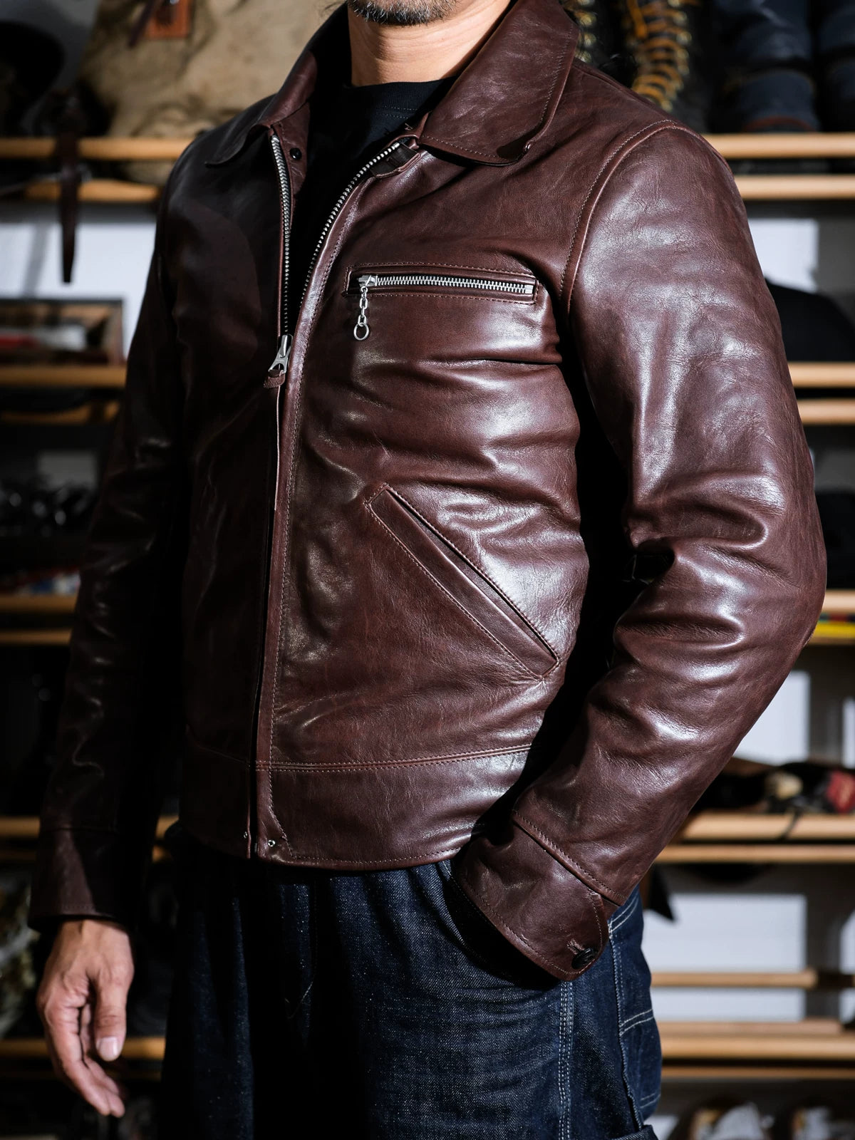 ハーフベルト レザージャケット 1930 SPORTS JKT パドヴァ シールブラウン 水染め ホースハイド