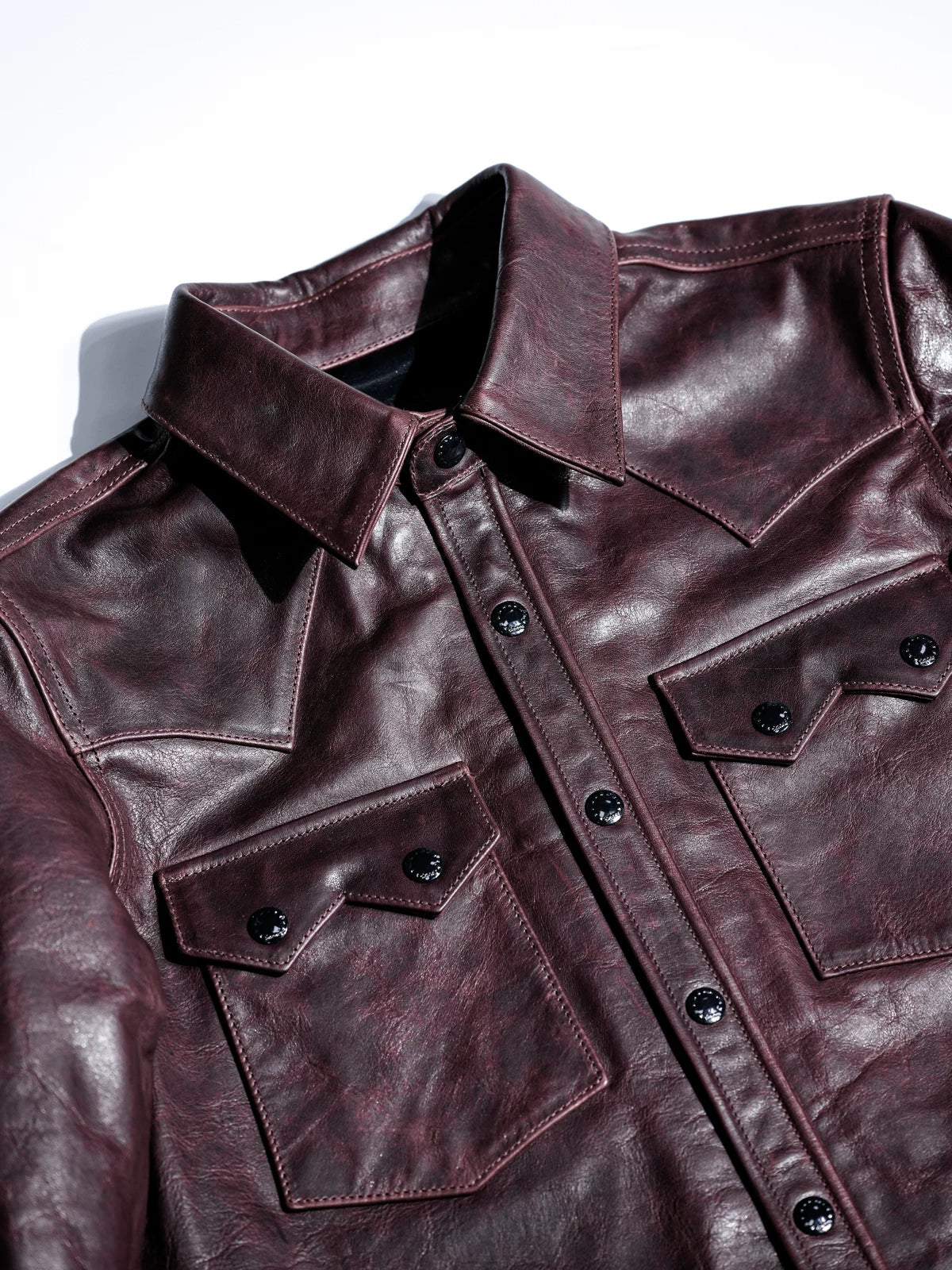 LARAMIE Leather Western Shirt Jacket, Double Yoke, Wine Red Oil-Wax Horsehide