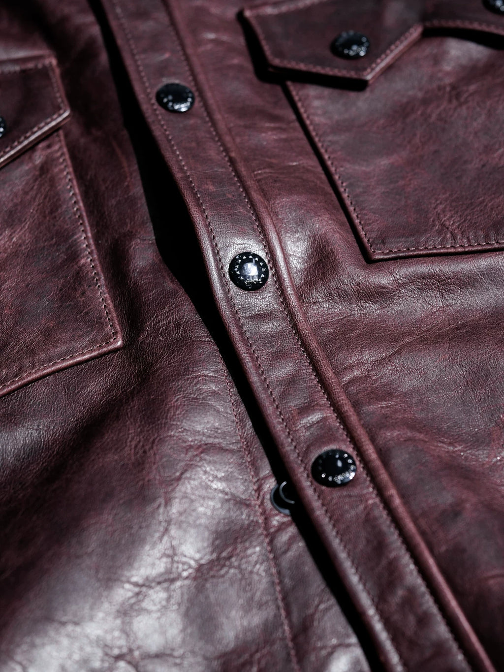 LARAMIE Leather Western Shirt Jacket, Double Yoke, Wine Red Oil-Wax Horsehide