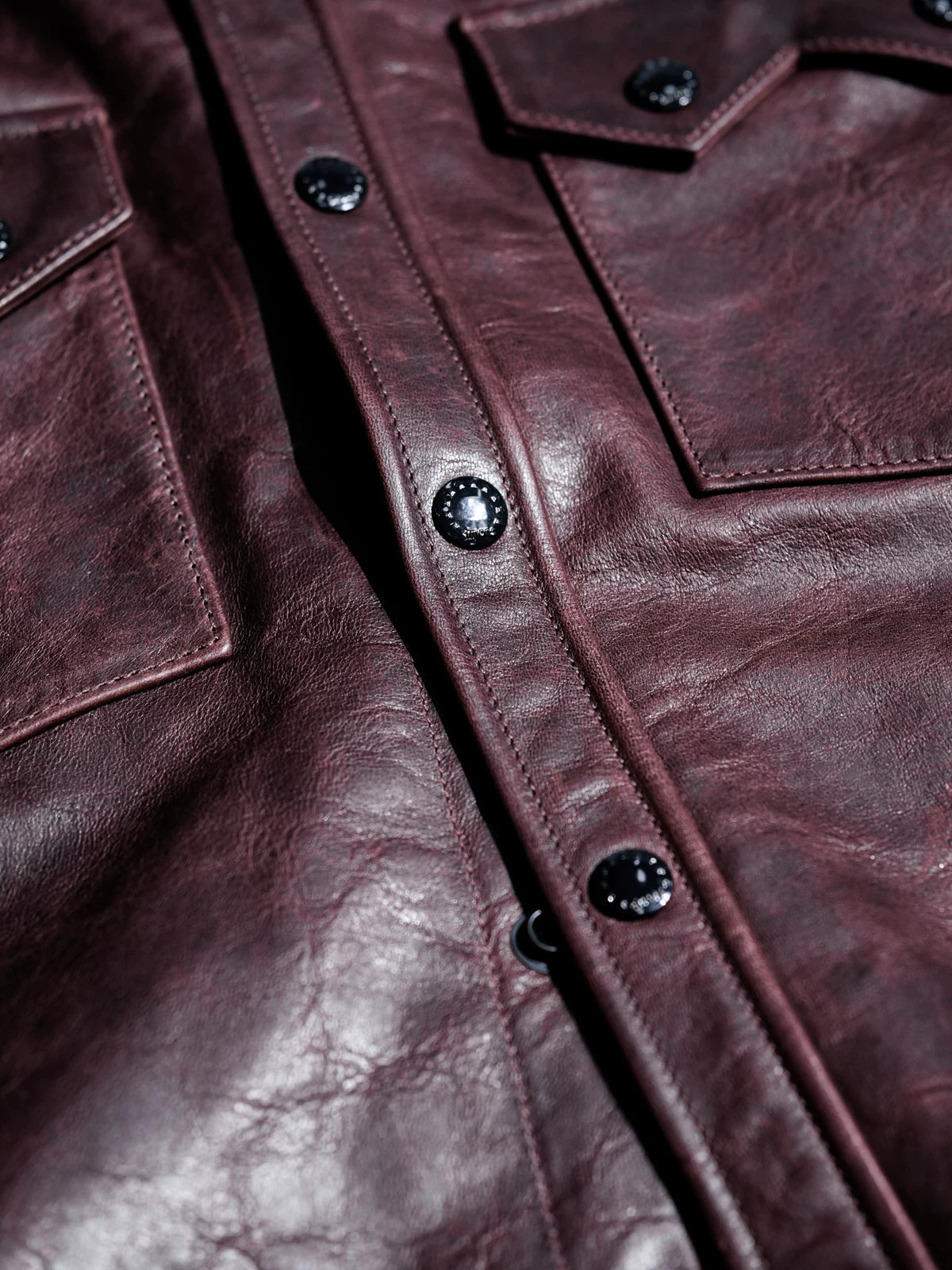 LARAMIE Leather Western Shirt Jacket, Double Yoke, Wine Red Oil-Wax Horsehide