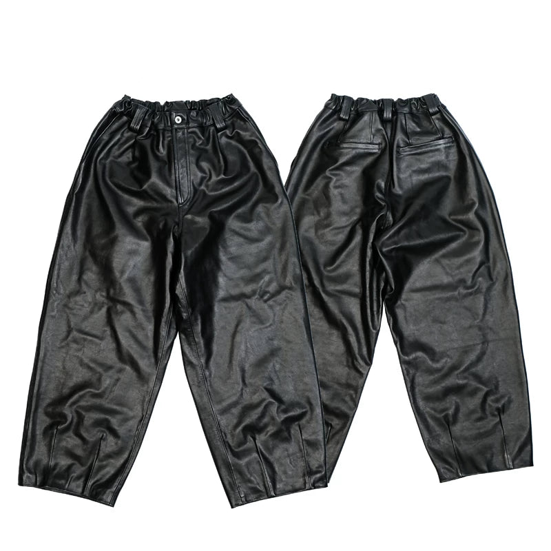 Wide Leather Trousers — Balloon, Ribbed Hem, Water-Dyed Calfskin