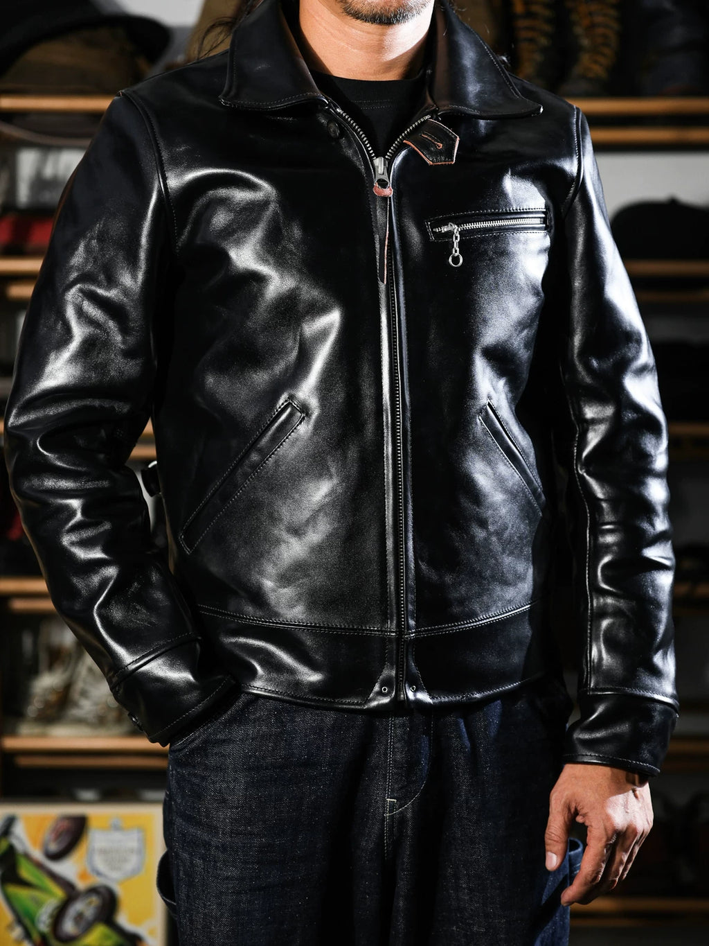 ハーフベルト レザージャケット 1930 SPORTS JKT パドヴァ茶芯 ブラック ホースハイド