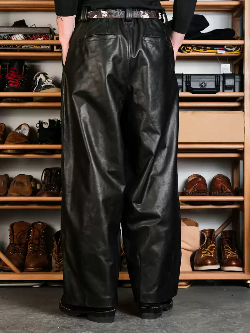 Wide Leather Trousers — Balloon, Ribbed Hem, Water-Dyed Calfskin