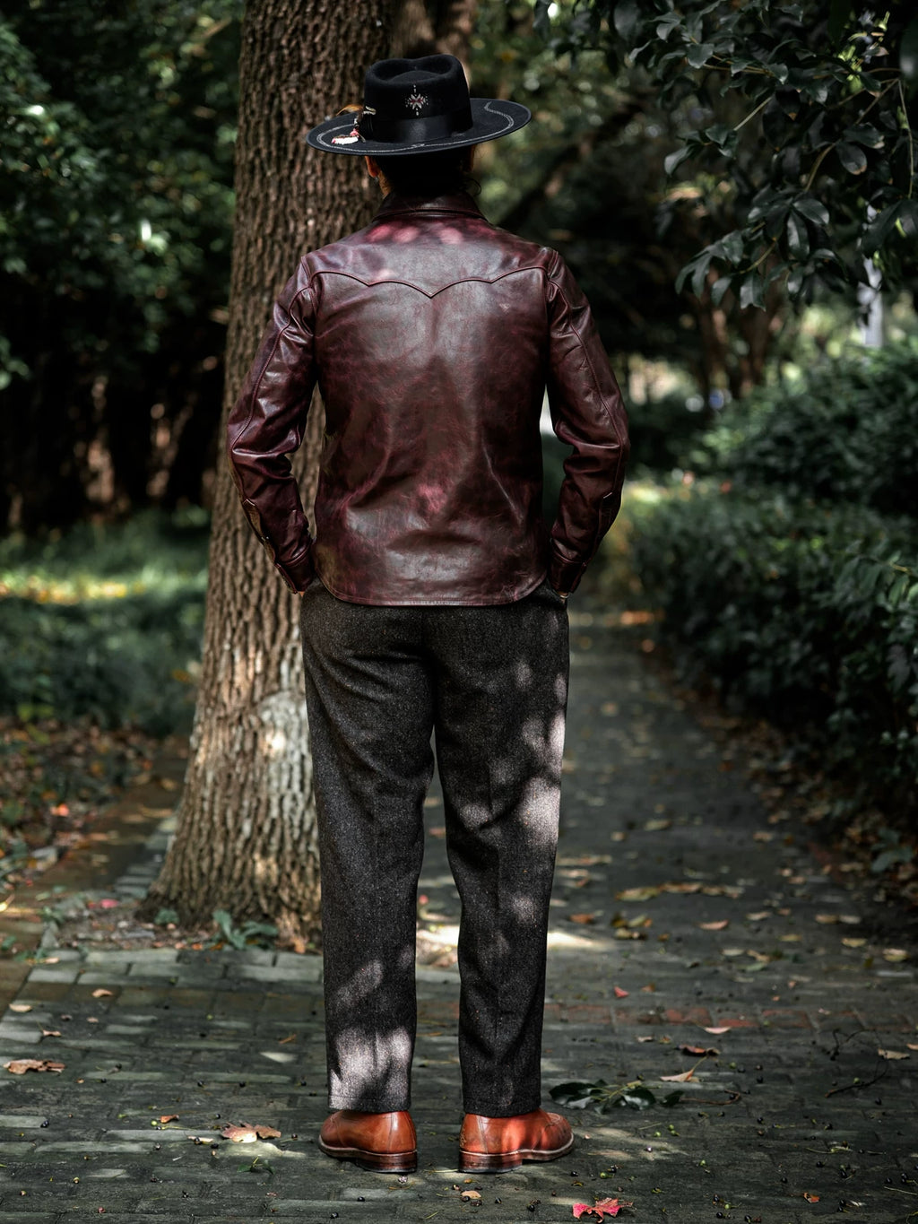LARAMIE Leather Western Shirt Jacket, Double Yoke, Wine Red Oil-Wax Horsehide