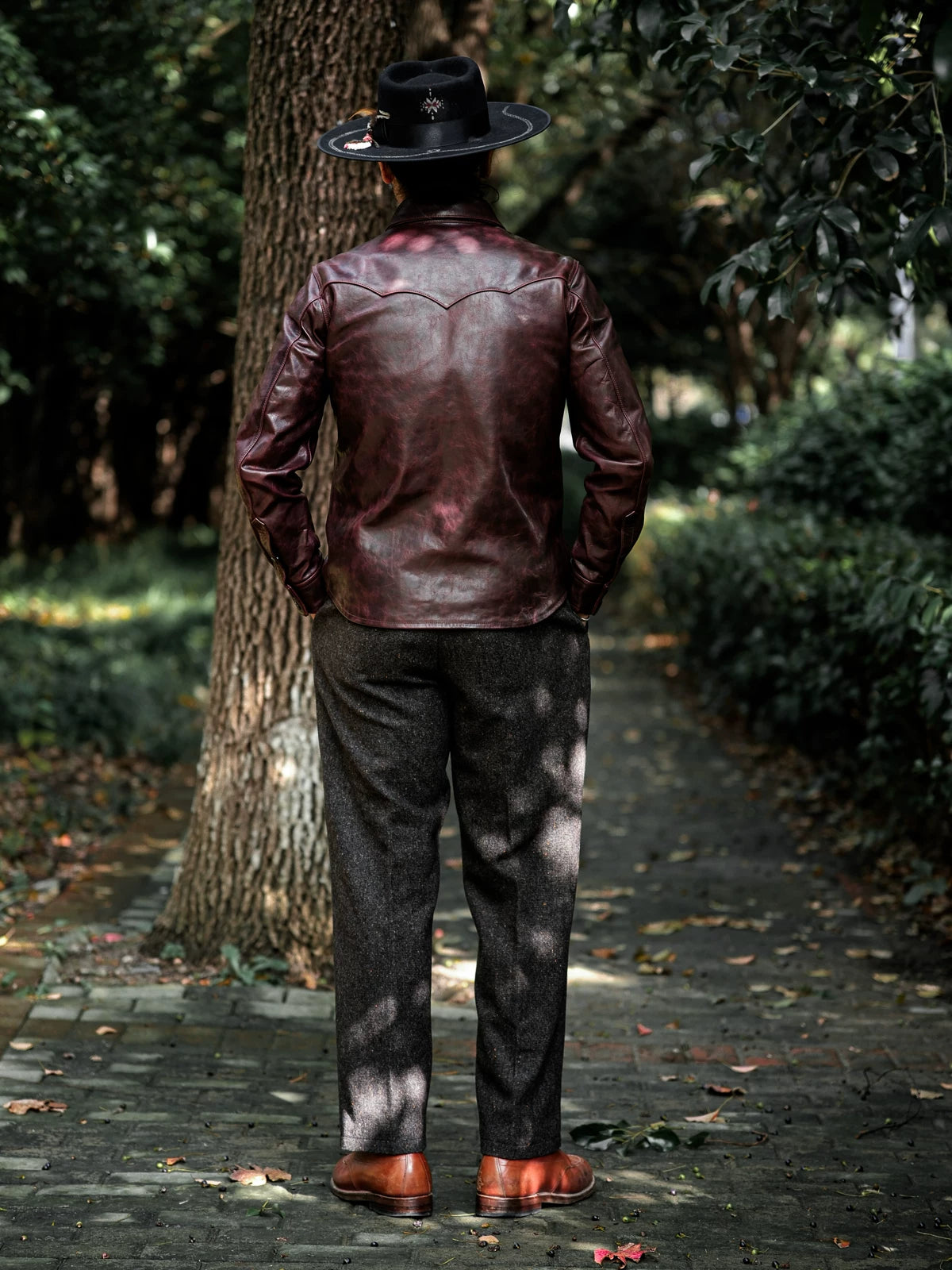 LARAMIE Leather Western Shirt Jacket, Double Yoke, Wine Red Oil-Wax Horsehide