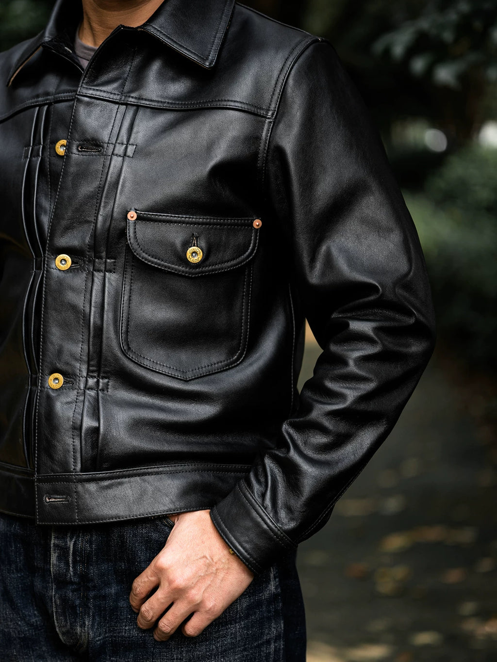 DURANGO Leather Trucker Jacket, Type1, Shield Pocket, Tea-Core Cowhide