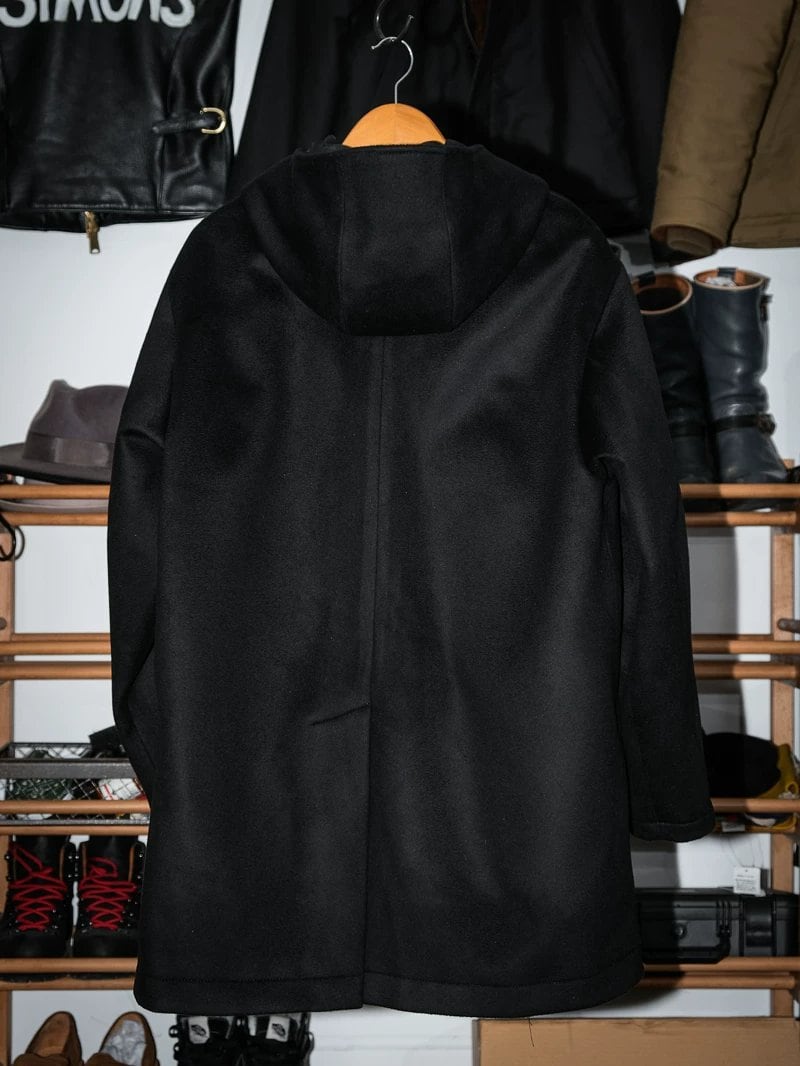 Hooded Wool Coat — Stand Collar, A-Line, Black