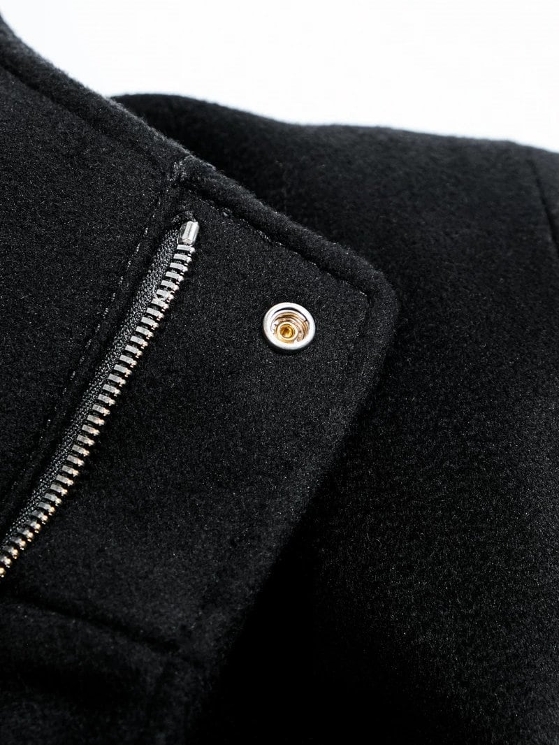 Hooded Wool Coat — Stand Collar, A-Line, Black