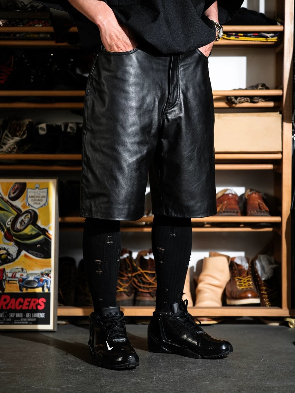 レザーショートパンツ 5ポケット ワイド ストレート 水染め カーフレザー