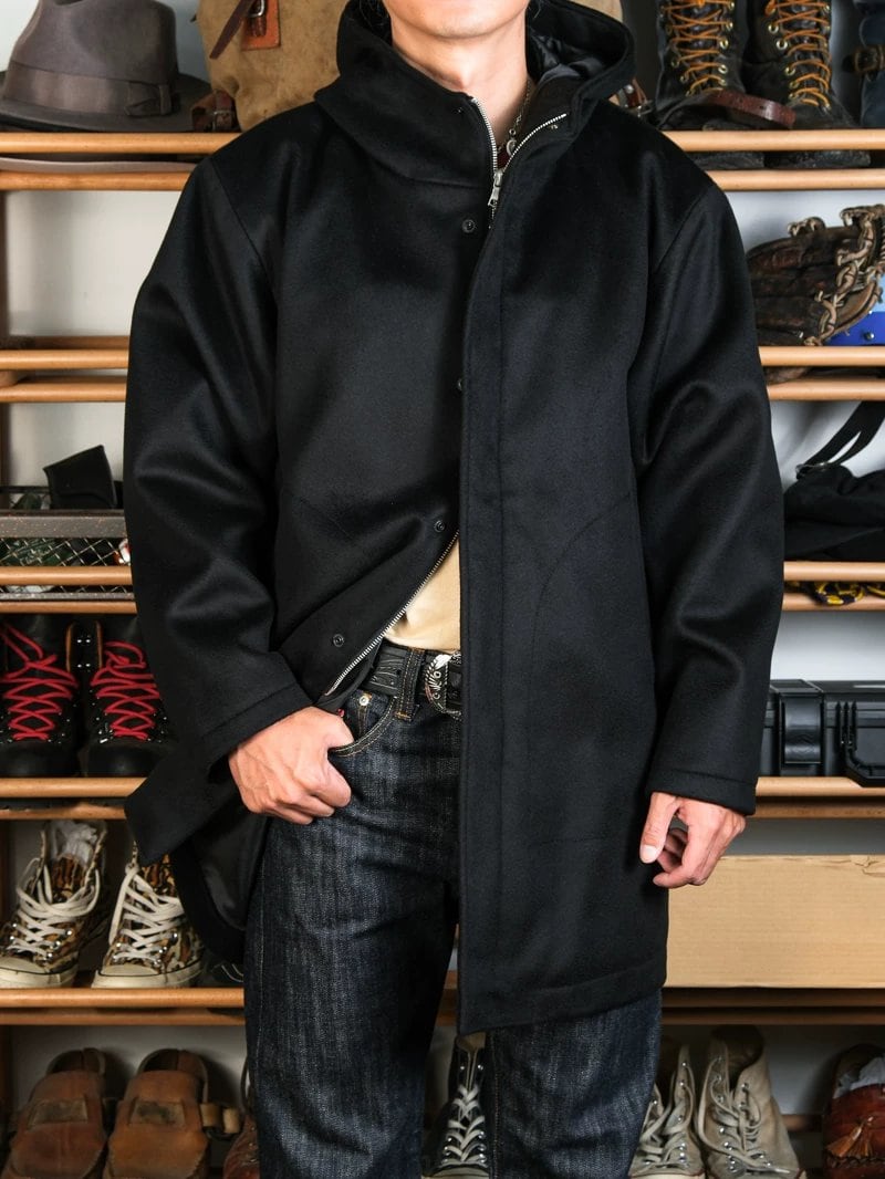 Hooded Wool Coat — Stand Collar, A-Line, Black