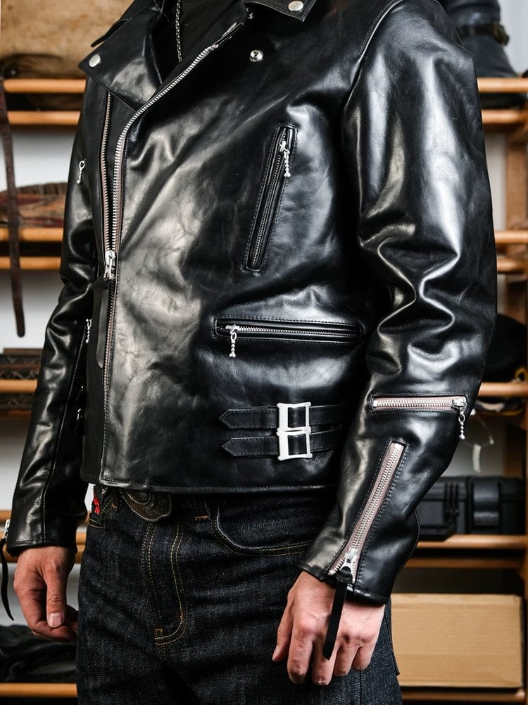 391 British-Style Riders Leather Jacket — Asymmetric Zip, Oil-Wax Cowhide