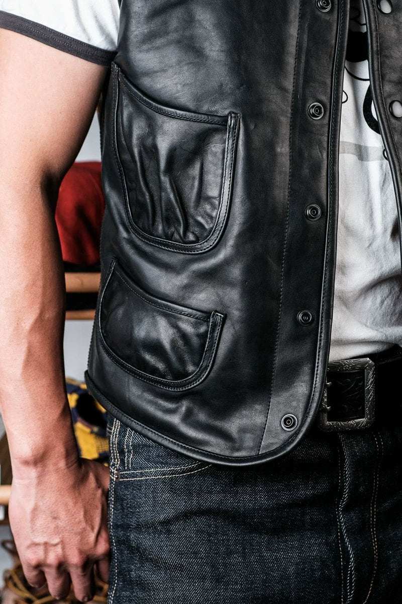 Four-Pocket Leather Vest — Houndstooth, Oil-Wax Horsehide