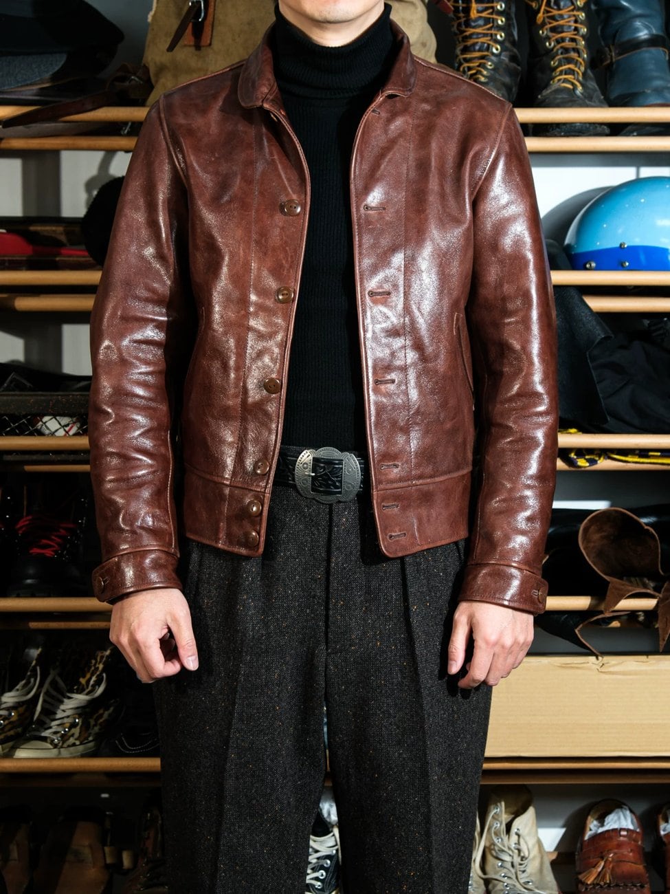 Shawl Collar Cossack Jacket — Light Brown, 1930s Horsehide