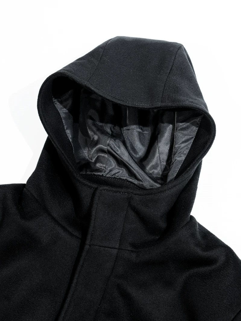 Hooded Wool Coat — Stand Collar, A-Line, Black