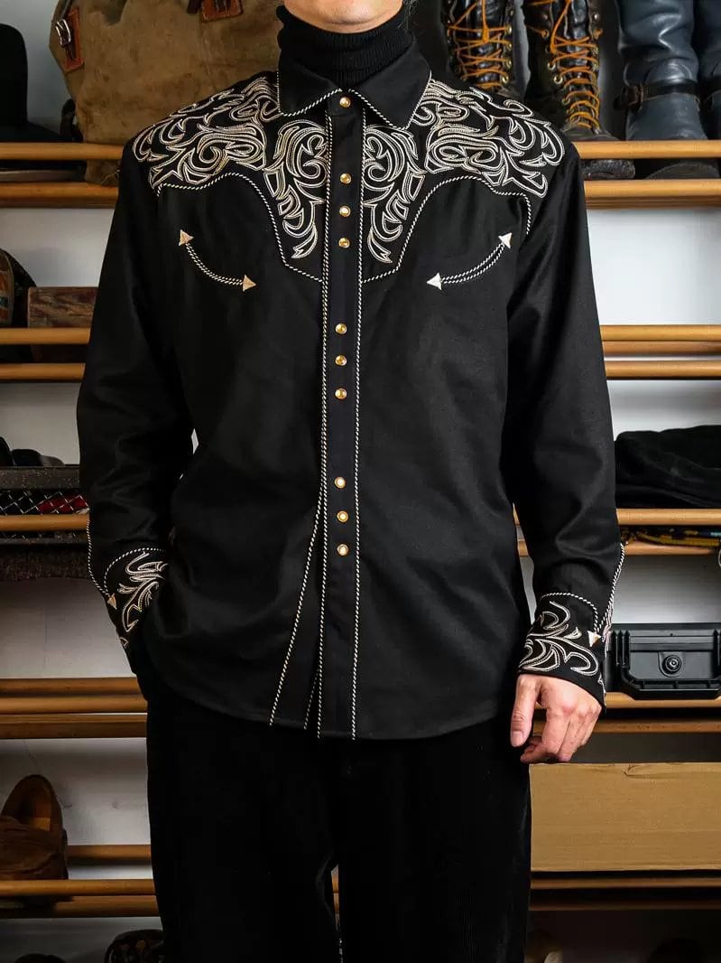 ウエスタンシャツ スナップ 刺繍ヨーク 黒 コットン