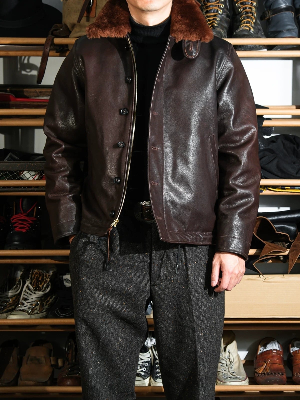 N-1 All-Leather Deck Jacket — Shearling Collar, Sheepskin