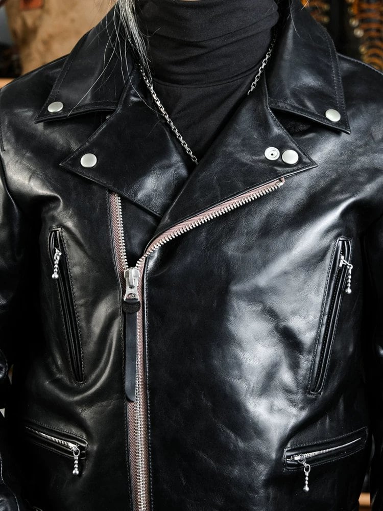 391 British-Style Riders Leather Jacket — Asymmetric Zip, Oil-Wax Cowhide