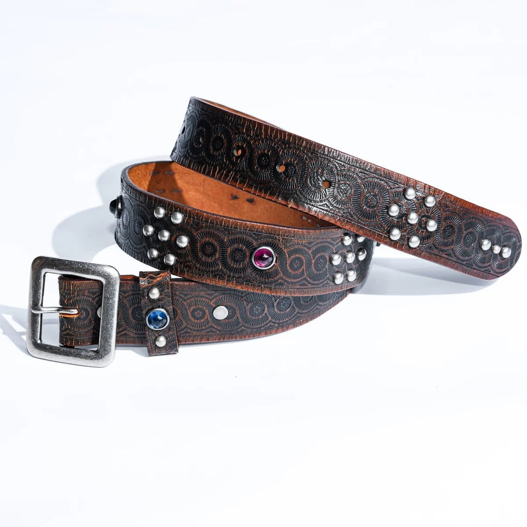 Western Jewelled Leather Belt — 40s, Dark Brown Cowhide