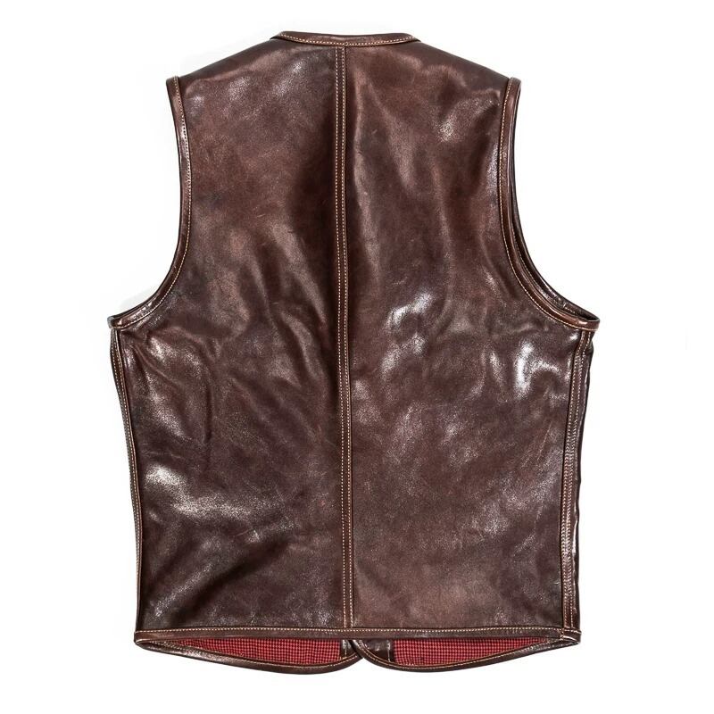 Four-Pocket Leather Vest — Houndstooth, Oil-Wax Horsehide