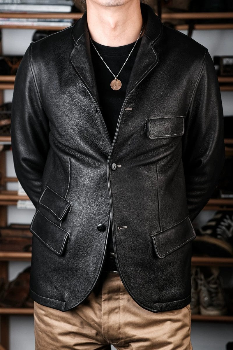 Leather Tailored Jacket — Natural Black, 1920s Deerskin