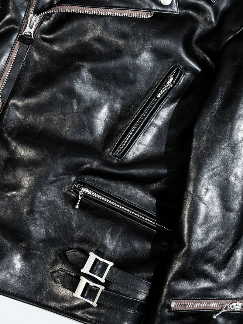391 British-Style Riders Leather Jacket — Asymmetric Zip, Oil-Wax Cowhide
