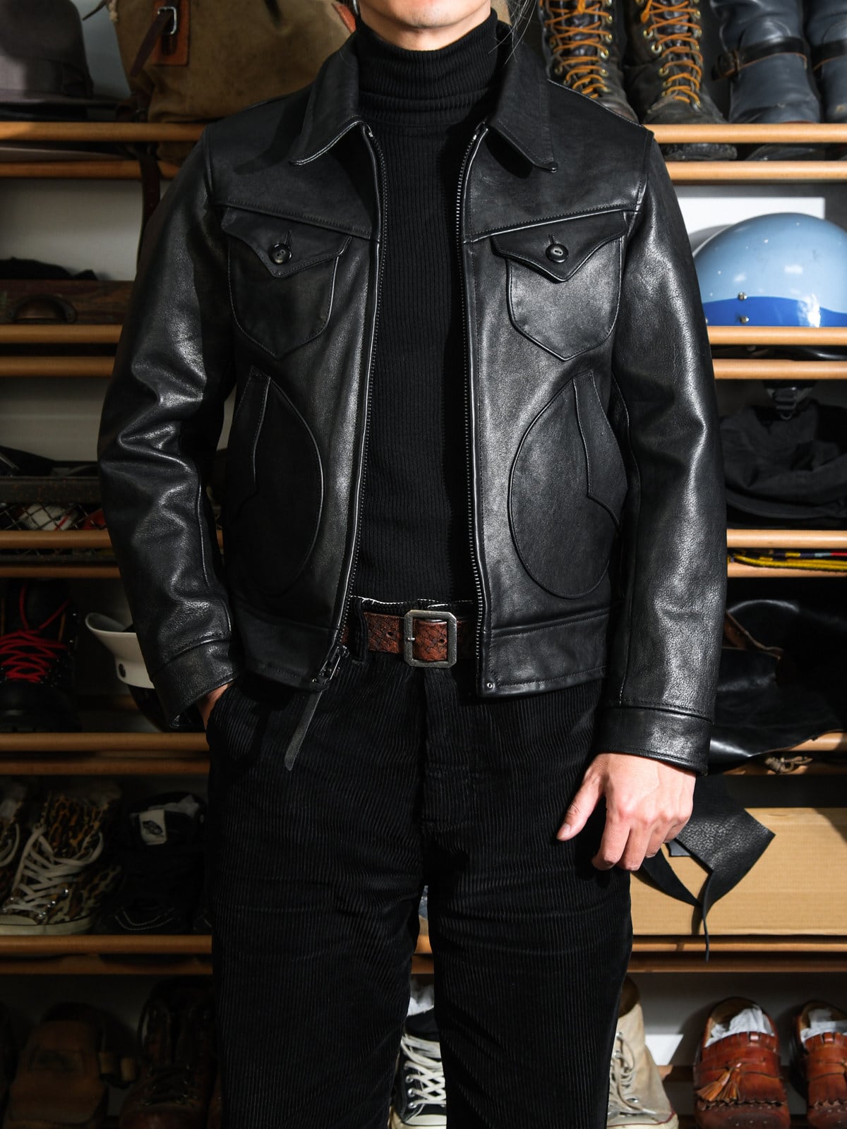 シングルライダース MENDOZA ヘビーウェイト縮シボ　黒 ホースハイド