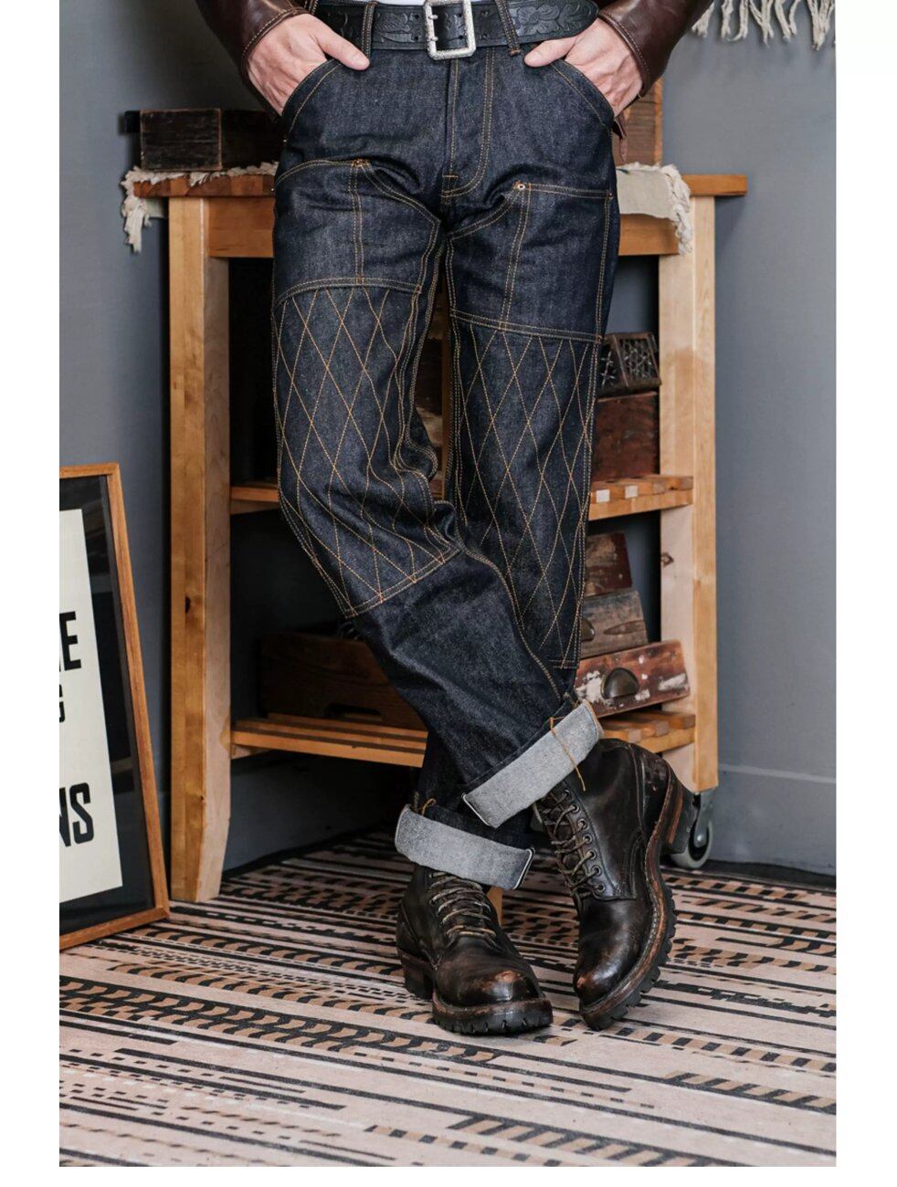 ライディングデニム 14oz ダイヤキルト補強 セルビッジ インディゴ