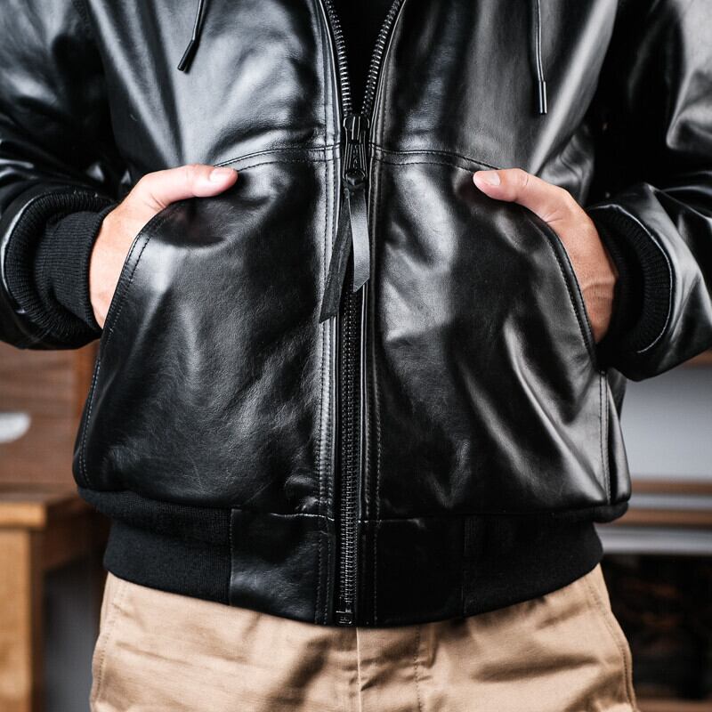 フード付きアクティブジャケット オーバーサイズ カーフレザー