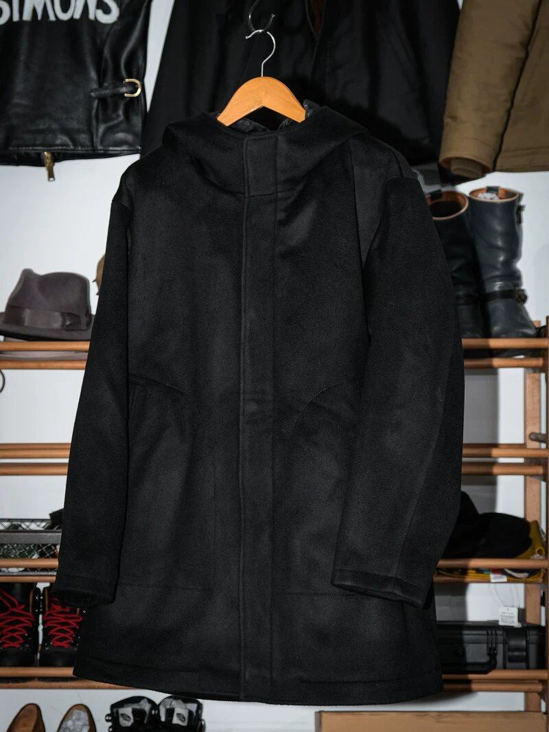 Hooded Wool Coat — Stand Collar, A-Line, Black