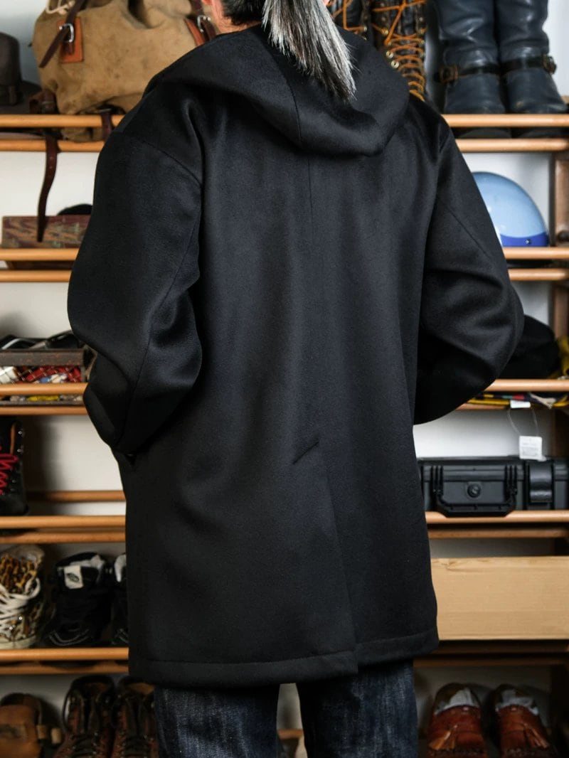 Hooded Wool Coat — Stand Collar, A-Line, Black